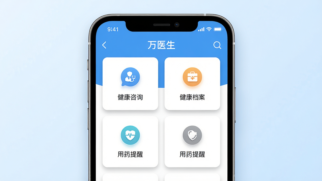 万医生应用主界面展示,画面中央是手机屏幕,屏幕内显示万医生软件首页,包含健康咨询、健康档案、用药提醒等图标模块,背景为干净的浅蓝色渐变,布局简洁清晰,风格现代简约,细节包括图标阴影和文字标签,画质高清,干净,无多余元素