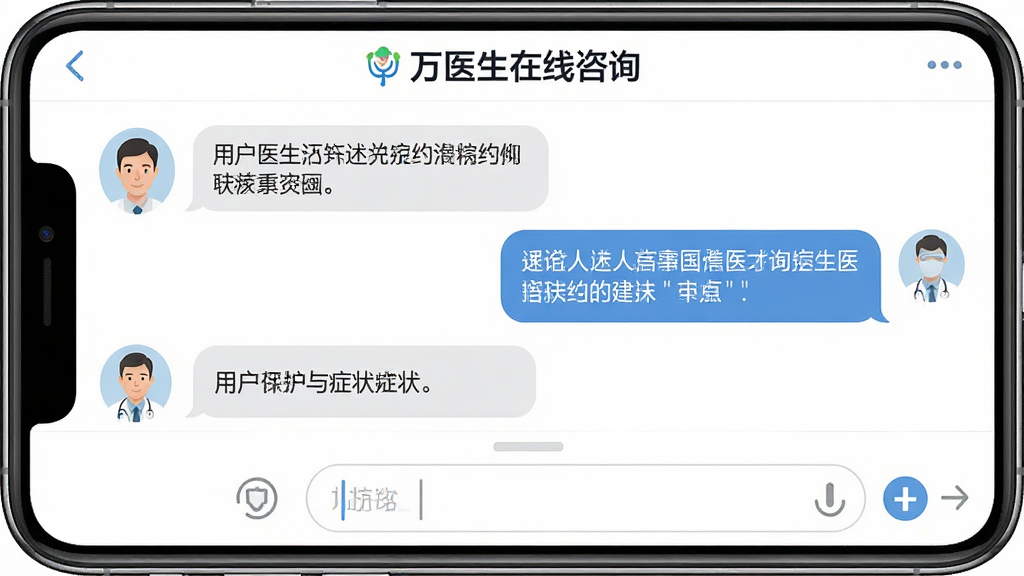 万医生在线健康咨询功能界面,画面展示手机聊天窗口,左侧为用户发送的症状描述文字气泡,右侧为医生回复的建议气泡,顶部显示万医生在线咨询标题,背景为白色,布局清晰,风格专业医疗感,细节包括头像图标和输入框,画质高清,干净,无多余元素