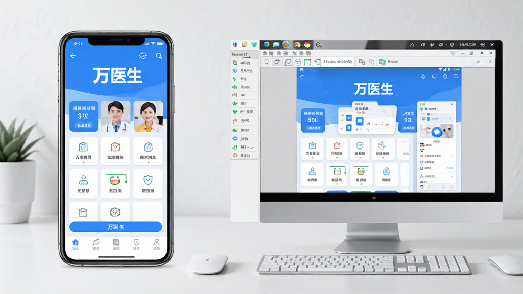 万医生应用在手机和电脑模拟器上的运行示意图,画面左侧为手机展示万医生首页,右侧为电脑屏幕内安卓模拟器运行万医生界面,背景为简洁桌面环境,布局左右对比,风格科技感,细节包括设备边框和界面映射,画质高清,干净,无多余元素