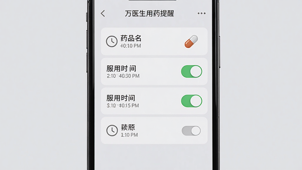 万医生用药提醒功能界面,画面展示手机屏幕,屏幕内显示用药提醒列表,包含药品名称、服用时间、开关按钮等元素,背景为浅灰色,布局整齐,风格简洁实用,细节包括时间图标和药丸图标,画质高清,干净,无多余元素