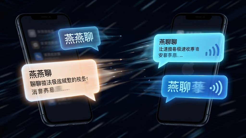 一张表现燕聊消息极速收发的概念图。主体是两部手机之间飞驰的发光消息气泡,气泡上带有