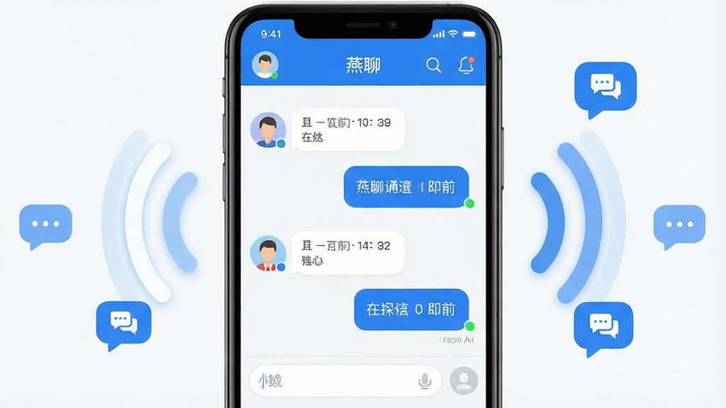 一张展示燕聊即时通讯软件核心全貌的场景图。主体是一部竖屏智能手机,屏幕中央显示