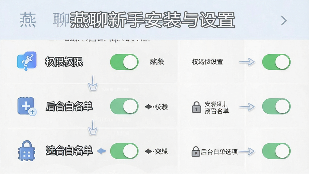 一张展示燕聊新手安装与设置的步骤图。主体是手机屏幕截图风格的界面,标注