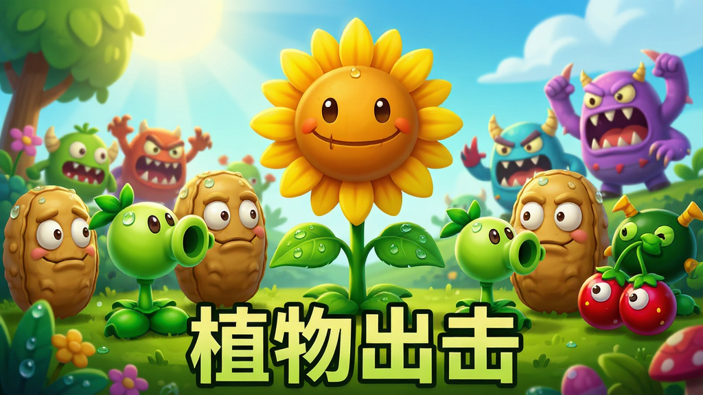 一张充满生机的奇幻花园场景,画面中央是一株巨大的向日葵战士,周围环绕着豌豆射手、坚果墙和樱桃炸弹等植物伙伴,远处是正在逼近的卡通怪兽群,阳光明媚,色彩鲜艳,风格为Q版卡通渲染,布局采用横向卷轴式构图,细节包括植物叶片上的露珠和怪兽夸张的表情,画质高清,干净,无多余元素,画面下方居中写着“植物出击”四个大字