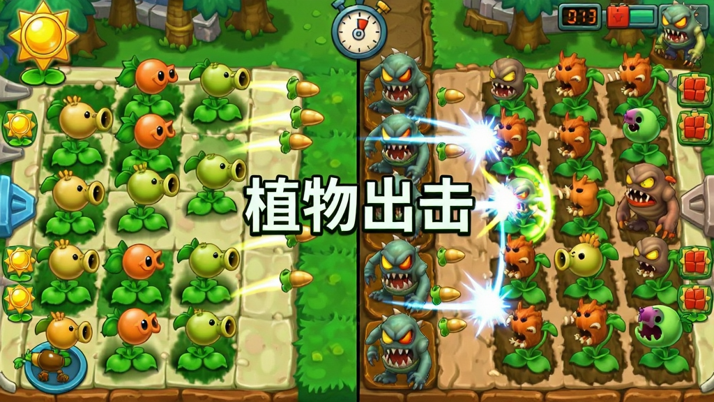 分屏对战的塔防游戏场景,画面左侧是玩家一方的植物防线,右侧是对手的植物防线,中间是怪兽进攻的通道,画面中有豌豆子弹飞行轨迹和技能释放的光效,布局为左右对称的俯视视角,风格为色彩鲜艳的卡通渲染,细节包括阳光收集图标和倒计时显示,画质高清,干净,无多余元素,画面中央写着“植物出击”