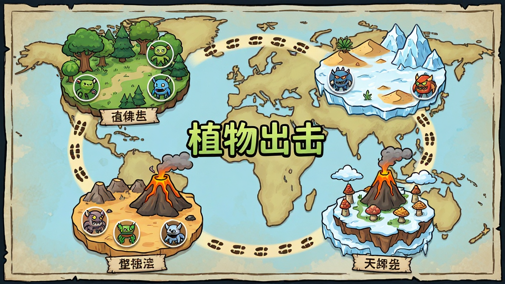 包含多种地形主题的关卡选择地图,画面以世界地图的形式展示森林、沙漠、冰川、火山和天空之城五个区域,每个区域有代表性的植物和怪兽图标,布局为环形路线连接各区域,风格为手绘卡通地图风格,细节包括路径上的脚印和区域标签,画质高清,干净,无多余元素,画面中央写着“植物出击”