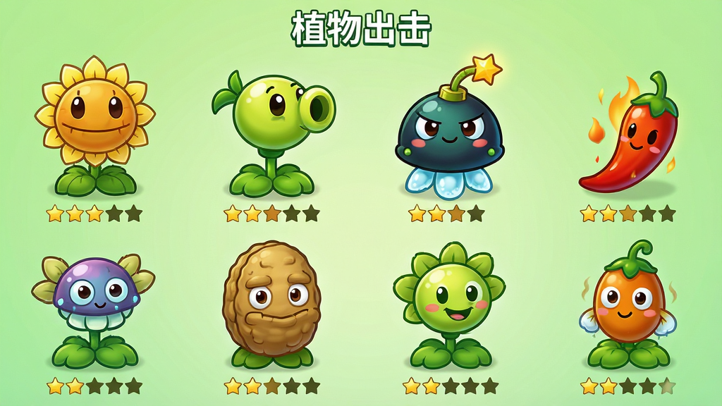 Q版卡通风格的植物角色收集界面,画面中整齐排列着十二种不同造型的战斗植物,包括向日葵、豌豆射手、坚果墙、樱桃炸弹、寒冰菇、火焰辣椒等,每株植物下方有星级标识和名称标签,背景为浅绿色渐变,布局为四行三列的网格排版,风格清新明快,细节包括植物叶片纹理和表情设计,画质高清,干净,无多余元素,画面顶部居中写着“植物出击”