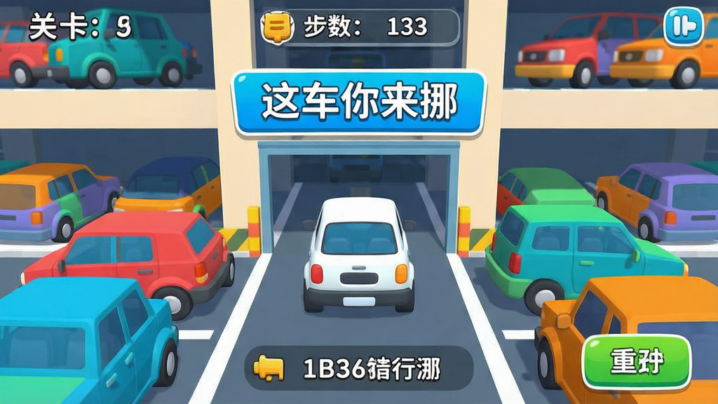 一张明亮清爽的手机游戏主界面截图,画面中央是一辆白色小汽车停在多层停车场出口前,周围有不同颜色的车辆阻挡,顶部显示关卡数字与步数统计,底部有提示与重玩按钮,整体风格为扁平化卡通渲染,色彩鲜明,画质干净清晰,无多余元素,画面中带有“这车你来挪”文字标题