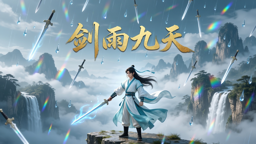 画面主体为一位身着青白色古装仙侠服饰的年轻剑客,手持长剑立于云雾缭绕的悬崖之巅,远处是层叠的仙山与飞瀑,天空中飘洒着细密的剑雨光影。画面布局采用纵向构图,人物位于画面中下方,上方留出广阔的天空与仙山背景。整体风格为东方唯美仙侠插画风,细节上突出剑客衣袂飘动、剑身泛着淡蓝色灵光、雨滴折射出七彩光晕。画质高清,画面干净,无多余元素,图片中央用金色毛笔字体书写“剑雨九天”四字。
