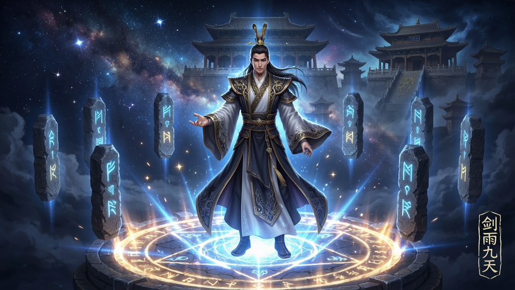 一位身着华丽仙袍的修仙者站在古老的传送阵中央,四周环绕着悬浮的符文石柱,背景是浩瀚星河与隐约可见的九天宫阙。画面采用对称式构图,修仙者位于正中,传送阵光芒四射。整体风格为玄幻CG插画风,细节上突出符文闪烁、星光流动、衣袍上的暗纹清晰可见。画质高清,画面干净,无多余元素,画面角落以篆体小字标注“剑雨九天”。