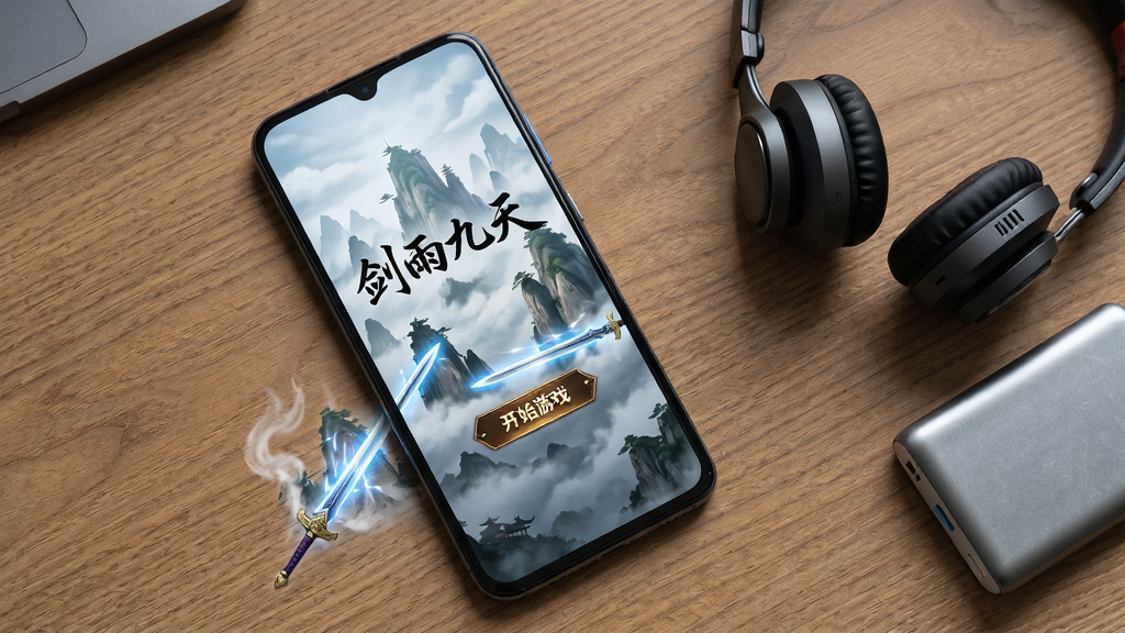 一部智能手机屏幕显示“剑雨九天”游戏登录界面,背景是云雾仙山与剑光闪烁,手机旁边放置着一副耳机和一个充电宝,桌面整洁。画面采用俯视平铺构图,手机位于画面中心偏左。整体风格为数码产品场景实拍风,细节上突出手机屏幕的高清显示效果、界面上的“开始游戏”按钮、桌面木纹质感。画质高清,画面干净,无多余元素。