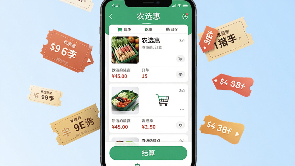 ��������Ϊ�ֻ���Ļ��д����ʾũѡ��APP�Ĺ��ﳵ�붩��ҳ�棬ҳ������ƷͼƬ�������룬�۸������������ɼ����ײ��н��㰴ť���ֻ���Χ��Ư�����Ż�ȯ���ۿ۱�ǩ������Ϊ����ɫ���䣬����ִ���Լ��ϸ�ڰ���������ͼ�꣬�����������ɾ��޶���Ԫ�أ���Ļ�пɼ���ũѡ�ݡ�������