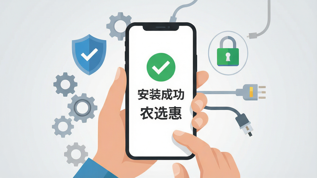 ��������Ϊһ˫�ֳ������ֻ�����Ļ��ʾũѡ��APP�İ�װ��ɽ��棬�ֻ��Ϸ�����ɫ�Թ�ͼ���롰��װ�ɹ������֣���Χ�ж���������ͼ���ʾ��ȫ����������Ϊǳ��ɫ���䣬����ƽ���Ƽ��У�ϸ�ڰ���������������Ԫ�أ������������ɾ��޶���Ԫ�أ���Ļ�пɼ���ũѡ�ݡ�������