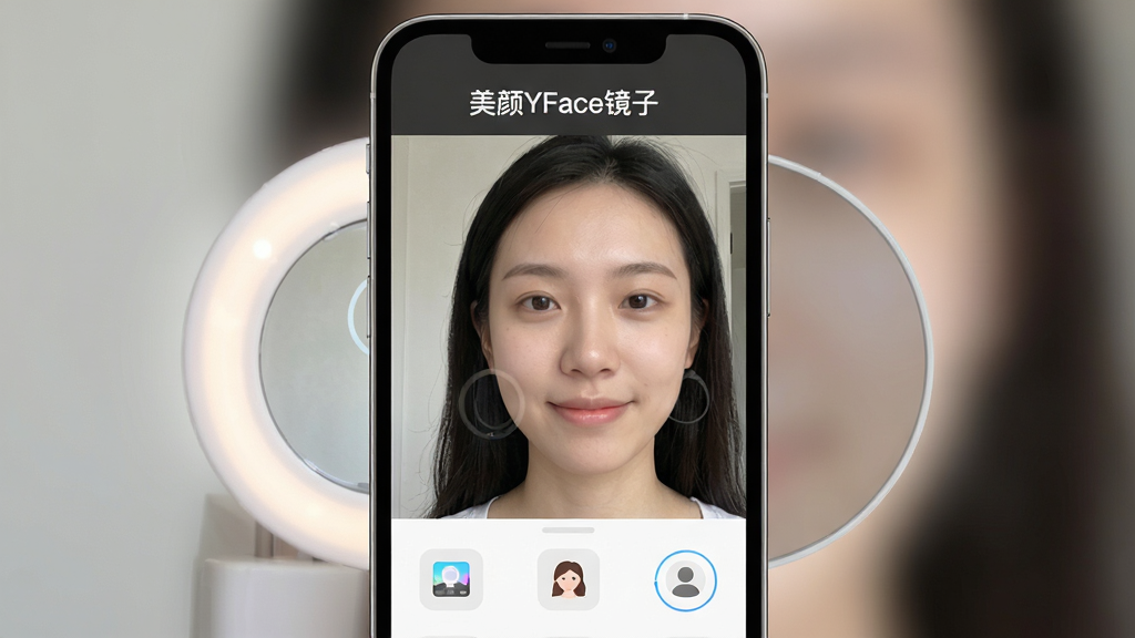 ����YFace�����ֻ�����չʾ������Ϊһ�������ֻ����з��ã���Ļ����ʾ���վ���ʵʱԤ�����棬��������������������Ȼ�����ֲ������½ṹ���Ϸ�Ϊ�������ơ�����YFace���ӡ����·�Ϊ����ͼ�����У��Ű��࣬���Ϊ�ִ��Ƽ��У�ϸ�ڰ�����ⲹ��Ч�����˾��л���ť�����ʸ��壬�ɾ����޶���Ԫ��
