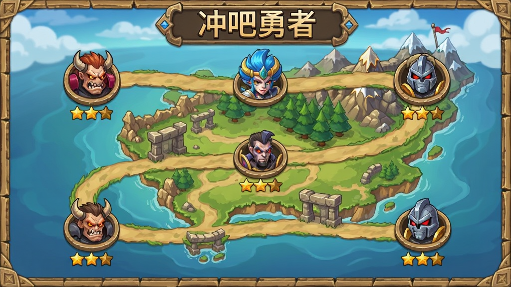 冲吧勇者关卡选择地图界面,蜿蜒的路线连接着多个关卡节点,节点上显示敌人头像和星级评价,背景是奇幻大陆的全景地图,色彩丰富,风格卡通,画质精细干净