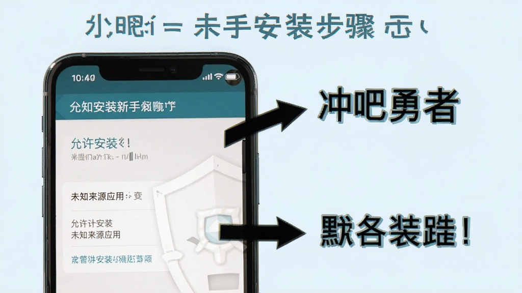 冲吧勇者新手安装步骤示意图,手机屏幕显示允许安装未知来源应用的设置界面,旁边有箭头指引和文字标注,风格简洁教程风,画质清晰干净,背景为纯色