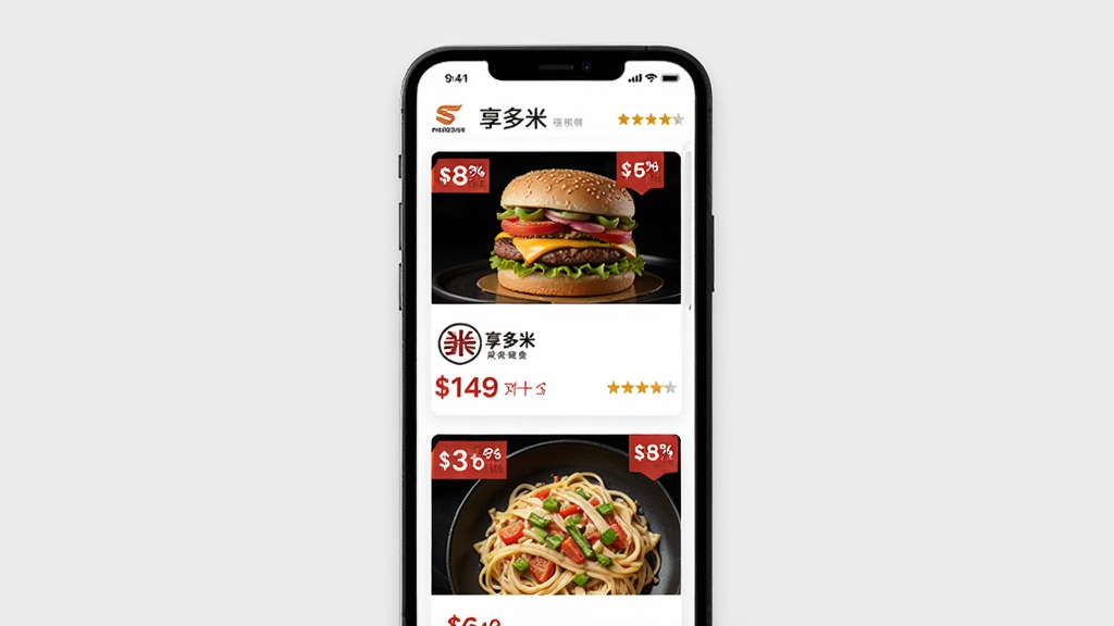 ��������ʳ�Żݾۺ�ҳ�棬�������ֻ���Ļ��ʾ������APP���Ż��б���������������������ײ͵��ۿۿ�Ƭ��ÿ����Ƭ�����̼�logo�ͼ۸�Աȣ�����Ϊǳ��ɫ��������¼�Լ��ϸ�ڰ�����ɫ�ۿ۱�ǩ���Ǽ����֣����ʸ��壬�ɾ����޶���Ԫ��