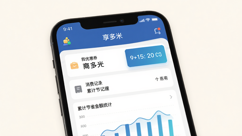 �����׸������Ķ�������ҳ�棬����չʾ�ֻ���Ļ�ϵ�������APP�������ģ������ҵ��Ż�ȯ�����Ѽ�¼���ۼƽ�ʡ���ͳ��ͼ��������Ϊ��͵��װ�ɫ�����������ϸ�ڰ����б���ͼ������ָ��������ʸ��壬�ɾ����޶���Ԫ��