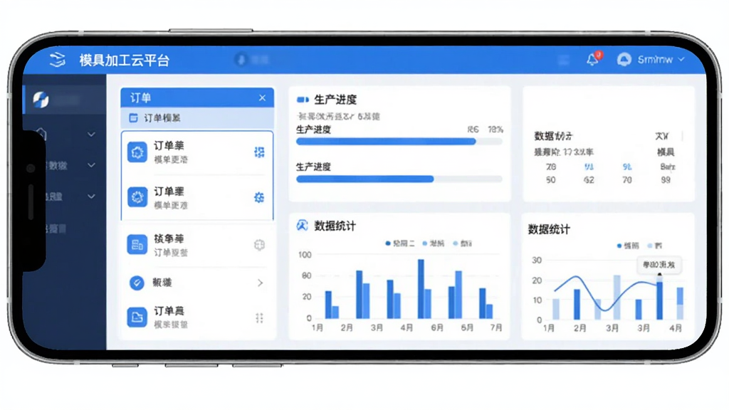 模来模往mlmw软件主界面展示,主体为一部智能手机屏幕,屏幕中显示模具加工云平台的操作界面,布局包含订单列表、生产进度条、数据统计图表等模块,排版清晰整齐,风格为现代科技感扁平化设计,细节上界面配色以蓝白为主色调,图标简洁明了,画质高清,干净无多余元素