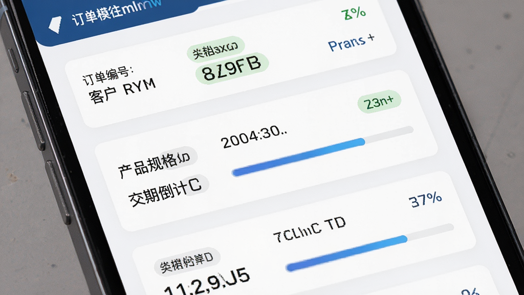模来模往mlmw订单管理界面特写,主体为手机屏幕中显示的订单管理页面,布局包含订单编号、客户名称、产品规格、交期倒计时等字段,排版采用卡片式设计,风格为简约商务风,细节上每个订单卡片带有状态标签和进度条,画质高清,干净无多余元素