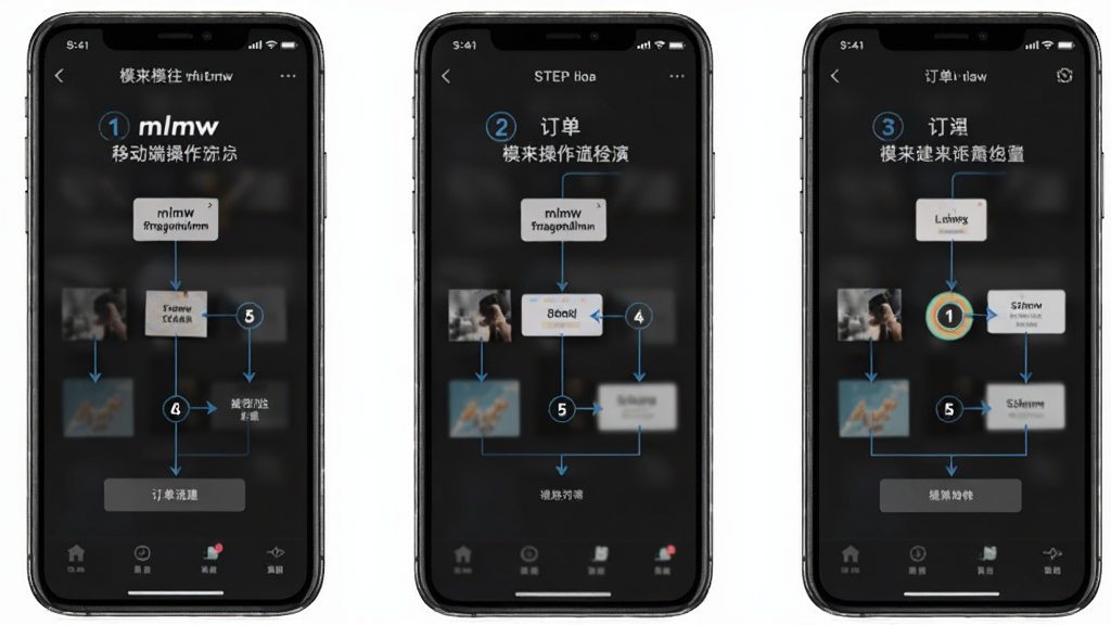 模来模往mlmw移动端操作演示图,主体为一部手机展示应用内订单创建流程,布局分为三个步骤画面从左至右排列,排版采用流程图形式,风格为简洁明了的教学演示风格,细节上每个步骤标注序号和简短文字说明,画质高清,干净无多余元素