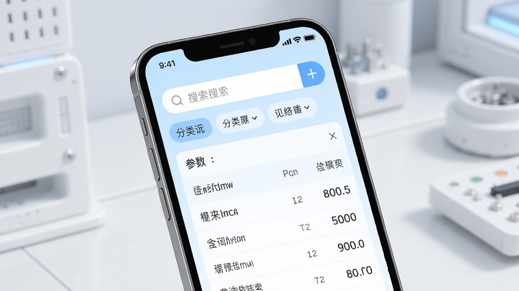 模来模往mlmw工艺参数查询功能展示,主体为手机屏幕显示工艺参数检索界面,布局包含搜索框、分类筛选标签、参数数据列表,排版整齐有序,风格为清新浅色系科技风,细节上参数数值清晰可见,画质高清,干净无多余元素