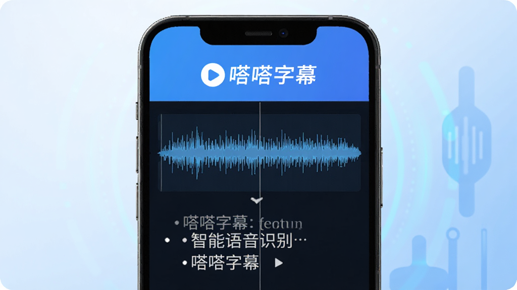 嗒嗒字幕智能语音识别功能展示,画面中手机屏幕显示音频波形图转换为文字字幕的过程,