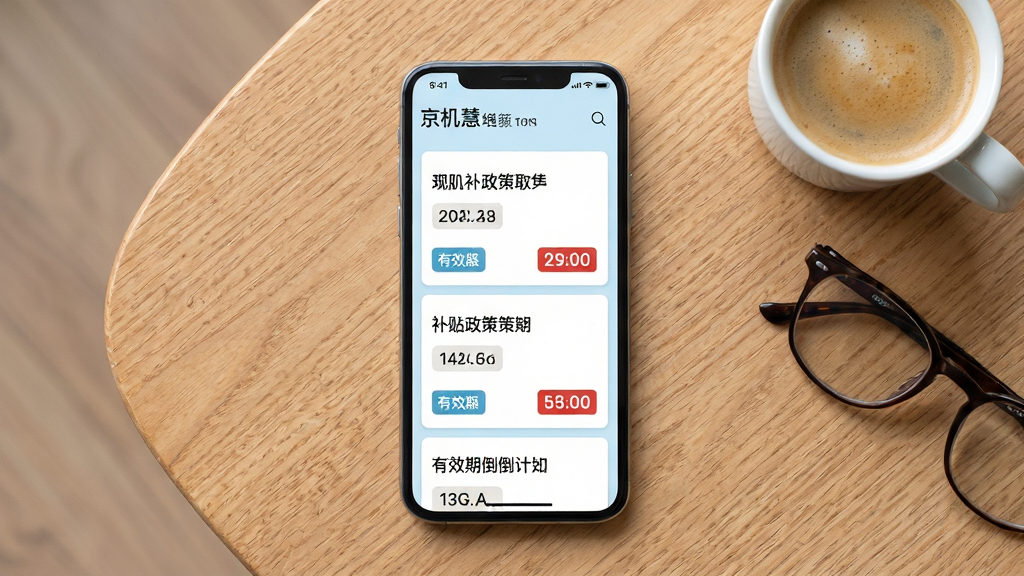 画面主体为京机慧应用中的补贴政策聚合页面,屏幕内展示多张政策卡片,每张卡片上有政策标题、补贴金额标签和有效期倒计时。手机平放在木质桌面上,旁边有一杯咖啡和一副眼镜。布局采用俯拍视角,手机居中,背景简洁。风格为清新生活风,色调以浅蓝、白色和原木色为主。细节上要求政策卡片文字清晰、倒计时数字醒目、桌面纹理自然。画质为高清2K,画面干净,无多余元素。