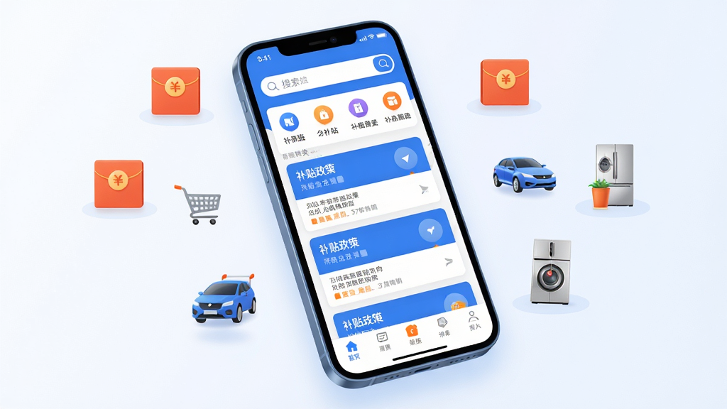 画面主体为一部智能手机,屏幕中显示京机慧应用首页界面,页面顶部有搜索框和补贴分类图标,中部展示补贴政策卡片列表,底部有导航栏。手机周围环绕着补贴红包、购物车、汽车、家电等小图标,象征各类补贴场景。布局采用居中构图,手机略微倾斜展示屏幕内容。整体风格为现代扁平化科技风,色调以蓝色和白色为主,点缀少量橙色。细节上要求图标清晰、界面文字可辨、光影柔和。画质为高清2K,画面干净整洁,无多余元素干扰。