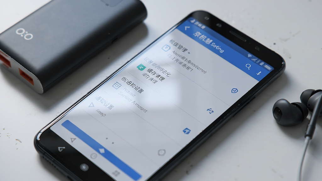 画面主体为一部安卓手机,屏幕上显示京机慧应用的设置页面,页面中有权限管理、缓存清理、通知设置等选项。手机旁边放置一个充电宝和一副耳机。布局采用斜角俯拍,手机屏幕内容清晰可见。风格为数码产品展示风,色调以深灰、蓝色为主。细节上要求屏幕反光自然、按钮图标精致、背景虚化柔和。画质为高清2K,画面干净,无多余元素。