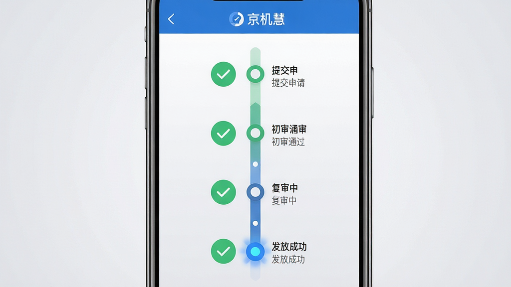 画面主体为京机慧应用中的申报进度追踪页面,屏幕中央显示一条纵向时间轴,时间轴上分布着提交申请、初审通过、复审中、发放成功等节点,已完成节点为绿色对勾,当前节点为蓝色闪烁圆点。手机竖屏展示,背景为浅灰色渐变。布局采用居中构图,时间轴占据屏幕主要区域。风格为简约商务风,色调以蓝、绿、灰为主。细节上要求节点图标清晰、文字说明完整、进度条有层次感。画质为高清2K,画面干净,无多余元素。