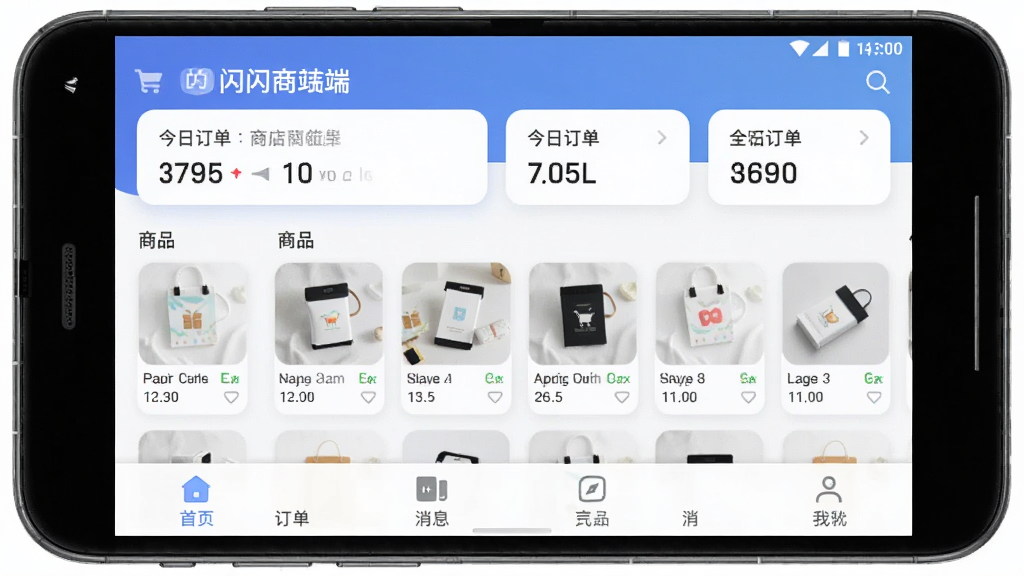 拍闪闪商家端软件主界面展示图,画面中央是一部安卓手机,手机屏幕上显示拍闪闪商家端的商品管理首页,界面顶部有店铺名称和今日订单数据卡片,中部是商品列表缩略图,底部是导航栏包含首页订单消息我的四个图标,整体布局清晰整洁,风格为现代扁平化UI设计,细节包括圆角卡片和柔和阴影,画质高清,干净无多余元素