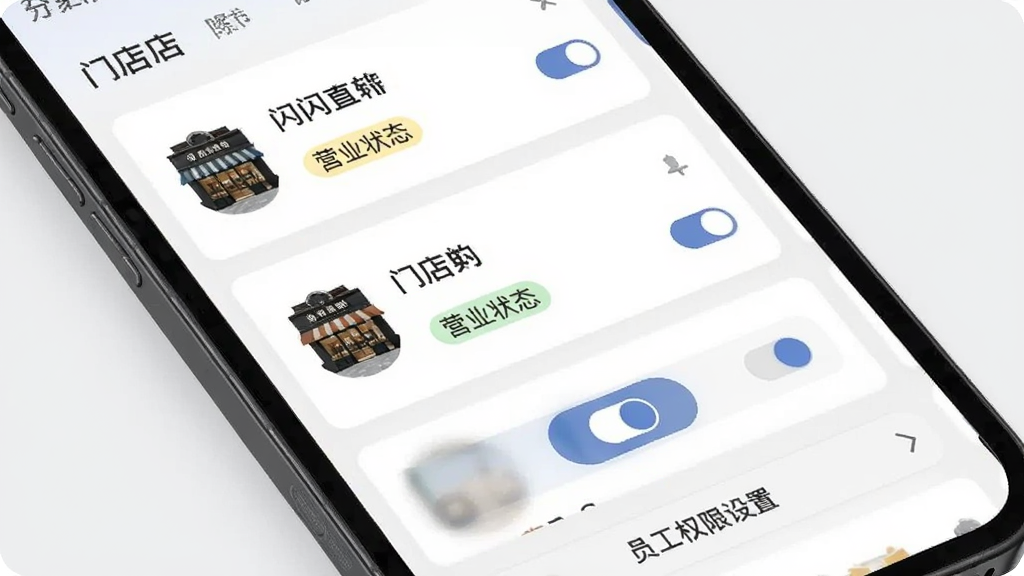 拍闪闪商家端多门店管理界面,手机屏幕显示门店列表和切换按钮,每个门店卡片上有门店名称和营业状态标签,下方有员工权限设置入口,风格为简洁商务风应用界面,细节包括门店头像和权限开关图标,画质清晰,干净无多余元素
