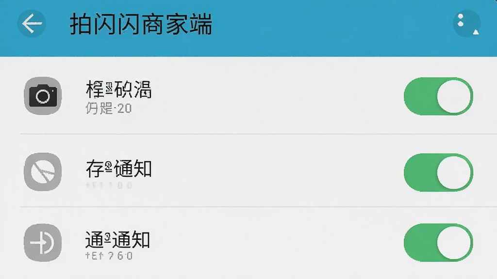 拍闪闪商家端安卓手机权限设置界面示意图,画面展示手机设置页面中应用权限管理列表,标注相机存储通知三个权限开关处于开启状态,风格为手机系统界面截图风格,细节包括权限图标和开关按钮,画质清晰,干净无多余元素