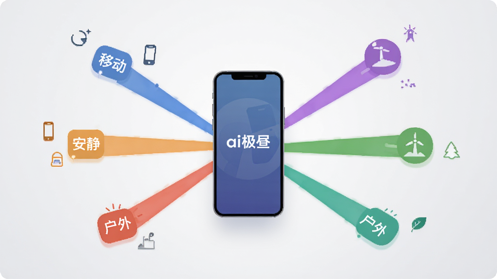 画面主体是“ai极昼”的软件功能展示图,中央是一个悬浮的手机屏幕,屏幕周围发散出多条不同颜色的光线,分别标注着“移动”、“安静”、“户外”等场景标签。布局采用中心发散式构图,背景为干净的浅灰色渐变。风格为扁平化科技插画,细节包含光线末端的微小图标。画质清晰,干净,无多余元素。