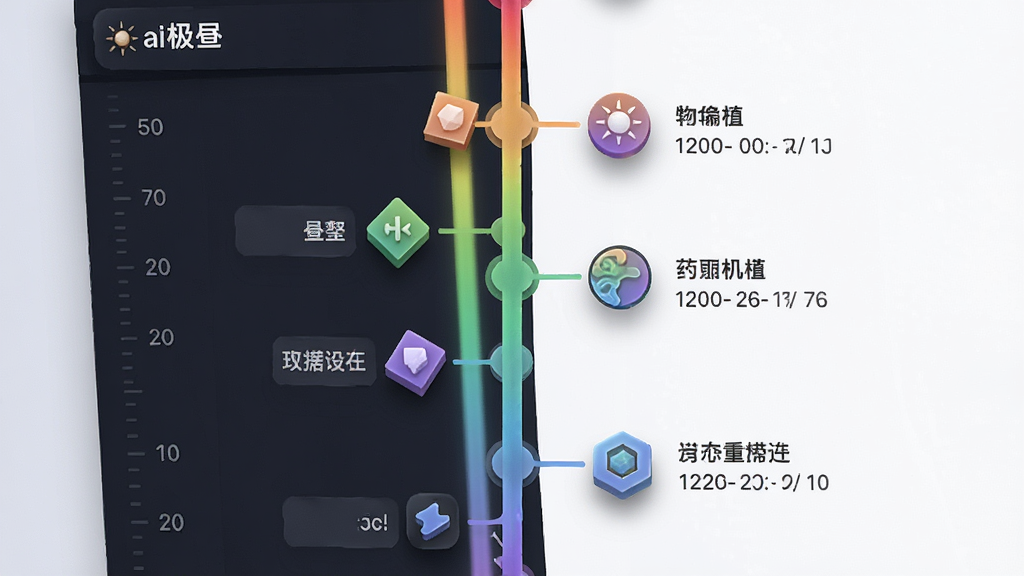 画面主体是“ai极昼”软件的时间轴界面,一条垂直的彩色时间线贯穿画面,线上分布着不同形状的节点图标,每个节点旁有简短文字标签。布局为纵向排版,左侧是时间刻度,右侧是节点详情。风格为极简UI设计展示,细节包含界面的阴影层次和图标立体感。画质清晰,干净,无多余元素。