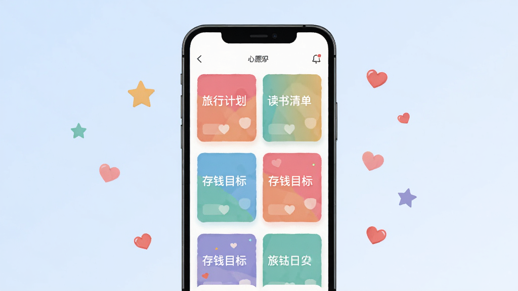 画面中央放置一部智能手机,手机屏幕显示心愿托应用主界面,界面中有多个彩色心愿卡片整齐排列,每张卡片上写有