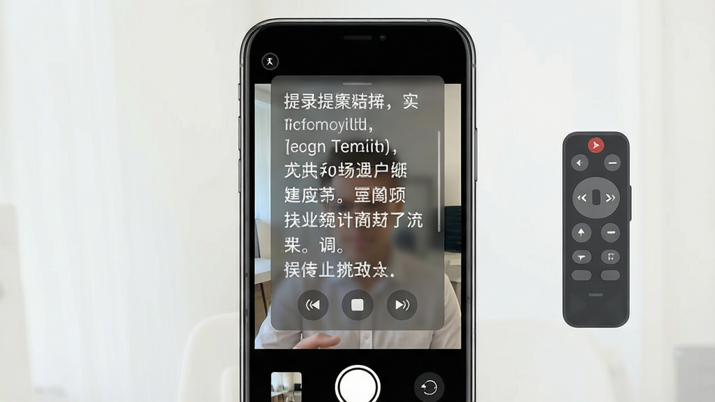 录制提词器应用悬浮窗功能展示图,画面中一部手机正在录制视频,屏幕上有一个半透明的提词悬浮窗叠加在相机预览画面上方,悬浮窗内显示清晰的滚动文字,手机旁边有一个遥控器图标,布局为手机居中、遥控器在侧边,风格为简洁扁平化科技风,细节包括文字滚动效果、半透明背景、控制按钮,画质高清,干净,无多余元素