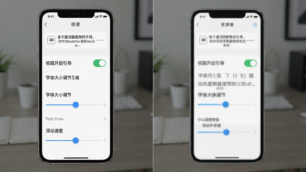 录制提词器使用教程示意图,画面中一部手机展示提词器设置界面,界面中包含权限开启引导、字体大小调节滑块、滚动速度控制条,布局为从上到下的设置选项排列,风格为简洁明快的移动端UI设计,细节包括权限开关图标、滑块控件、预览文字区域,画质高清,干净,无多余元素