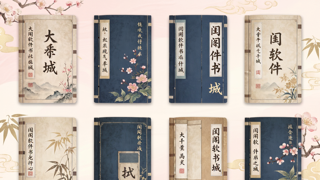 闺阁软件书城页面展示,画面中排列着多本古风书籍封面,书名清晰可见,背景为淡粉色与浅金色交织,布局整齐有序,风格清新雅致,细节丰富,画质高清,干净无多余元素