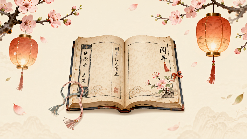 闺阁软件主界面展示,画面中央是一本展开的古风书籍,周围环绕着桃花与灯笼元素,背景为淡雅的米黄色,布局简洁大方,风格古风唯美,细节精致,画质清晰,干净无多余元素