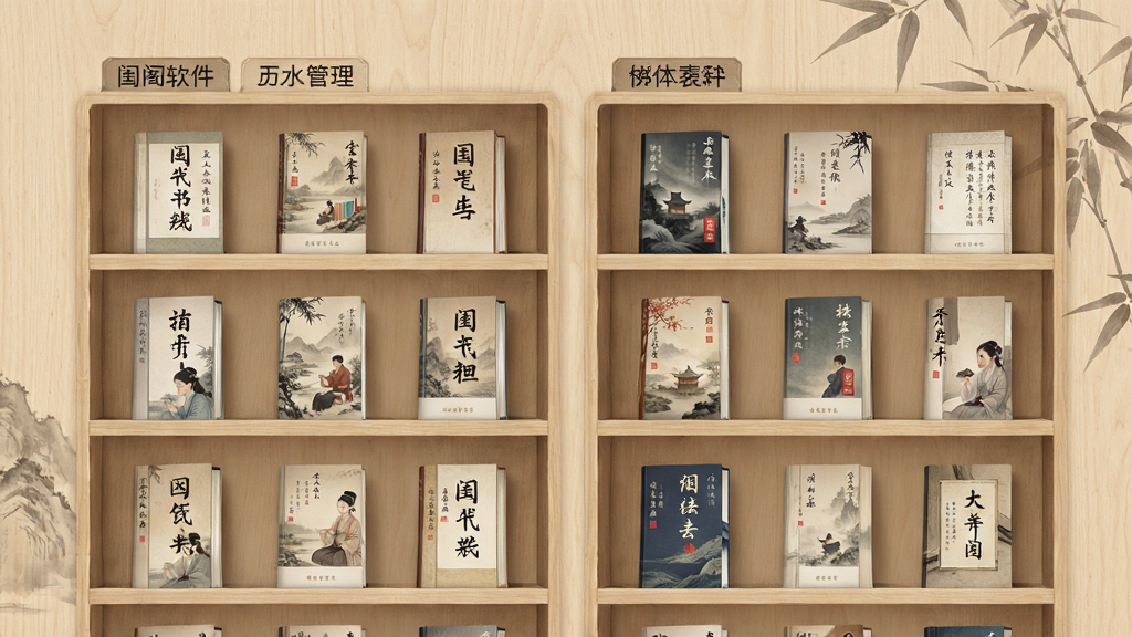 闺阁软件书架管理界面展示,画面中多个书架分组标签清晰可见,书籍封面排列整齐,背景为浅木色,布局合理,风格简约古风,细节精致,画质清晰,干净无多余元素