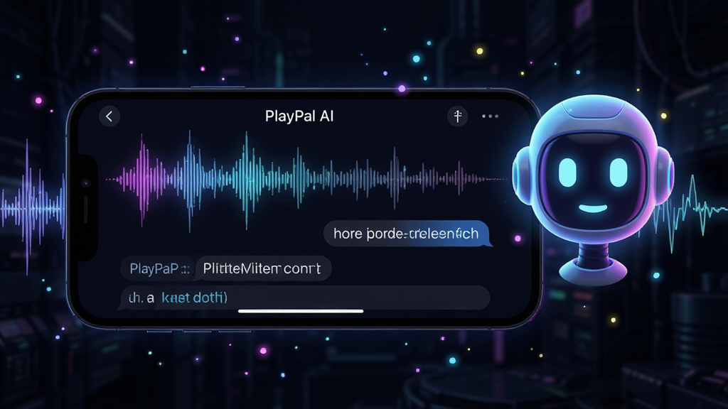 一张展示PlayPal AI语音对话功能的场景图,画面主体为手机横屏放置,屏幕显示声波波形和对话记录,旁边有一个发光的AI角色头像,布局为左右分栏,排版动感,风格为赛博朋克暗色系,细节包括霓虹光效、声波纹理、悬浮粒子,画质高清,干净,无多余元素