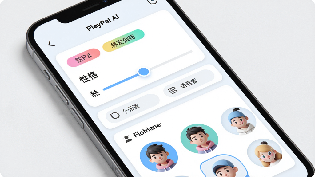 一张展示PlayPal AI角色创建界面的图片,画面主体为手机屏幕,屏幕内显示角色编辑面板,包含性格滑块、语音选项和头像选择区域,布局为上下结构,排版清晰,风格为清新浅色科技风,细节包括彩色标签、圆形头像预览、柔和的投影,画质高清,干净,无多余元素