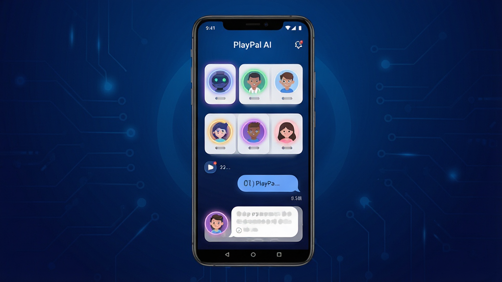 一张展示PlayPal AI手机应用界面的预览图,画面中央是一部竖屏安卓手机,屏幕显示PlayPal AI主界面,包含多个AI角色头像卡片和对话气泡,背景为深蓝渐变科技风格,布局简洁,排版居中,风格为现代扁平化UI设计,细节包括圆角图标、柔和光效、角色头像带有不同颜色光环,画质高清,干净,无多余元素