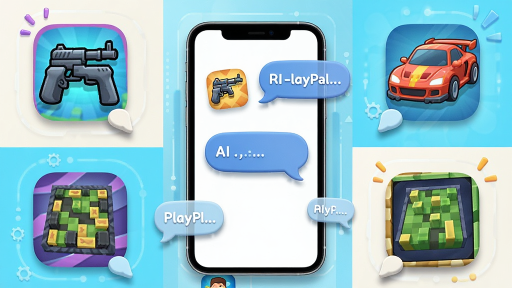 一张展示PlayPal AI多游戏适配的拼贴图,画面中央为手机屏幕,屏幕内同时显示射击、赛车、解谜三种游戏图标与AI对话气泡,布局为环绕式,排版活泼,风格为明亮卡通科技风,细节包括彩色游戏图标、对话气泡尾巴、柔和阴影,画质高清,干净,无多余元素