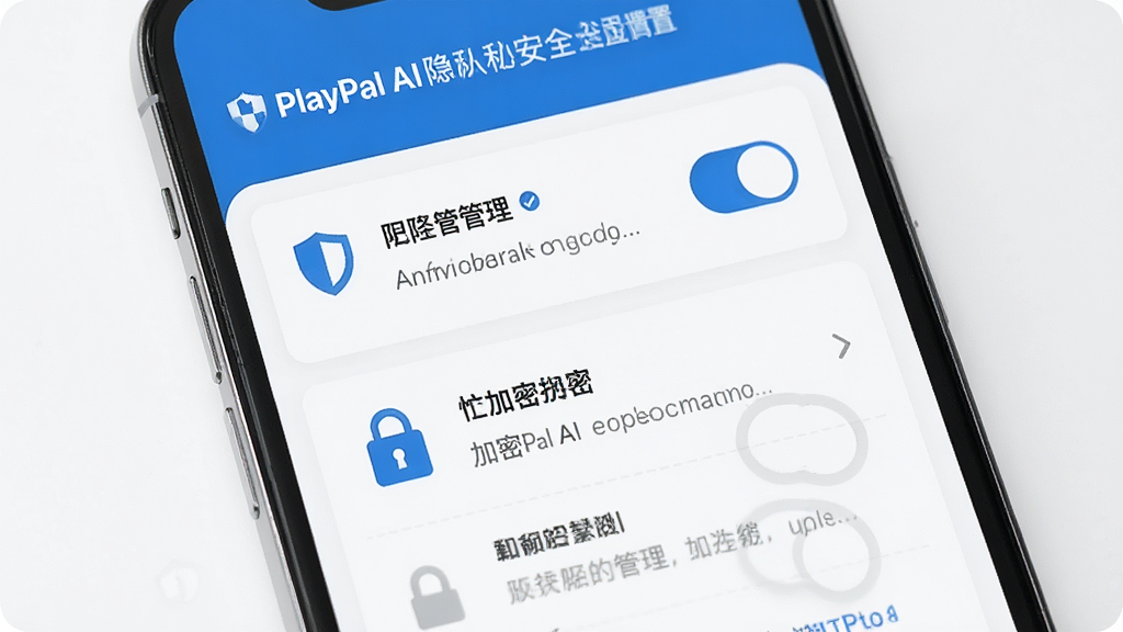 一张展示PlayPal AI隐私安全设置的界面图,画面主体为手机屏幕,屏幕内显示权限管理开关和加密锁图标,布局为垂直列表,排版简洁,风格为商务蓝白配色,细节包括盾牌图标、开关按钮、灰色说明文字,画质高清,干净,无多余元素