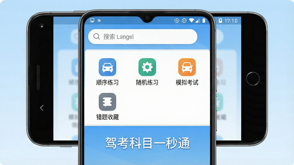 一张展示驾考科目一秒通软件主界面的预览图,画面中央是一部安卓手机,手机屏幕内显示驾考科目一秒通应用首页,顶部有搜索栏,中间排列着顺序练习、随机练习、模拟考试、错题收藏等功能图标,图标下方有驾考科目一秒通字样,背景为浅蓝色渐变,整体风格简洁清爽,画质清晰,干净无多余元素