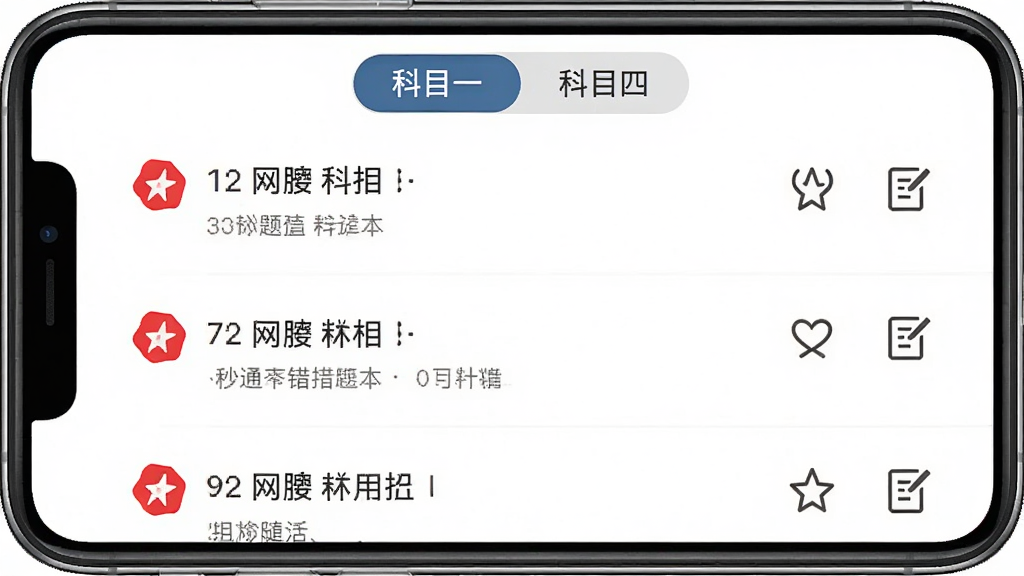 驾考科目一秒通软件错题本界面预览图,手机屏幕显示错题列表,每道错题有红色标记,右侧有收藏和笔记图标,界面顶部有科目一和科目四切换标签,背景为白色,整体排版整齐,风格简约,画质清晰,干净无多余元素