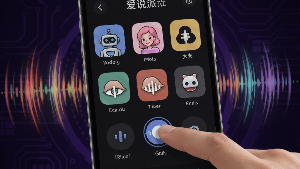 爱说派变声功能界面展示,手机屏幕内显示多种音效图标如机器人、萝莉、大叔等,用户手指点击切换音效,周围环绕彩色声波纹理,背景为暗紫色科技感风格,细节清晰,画质干净